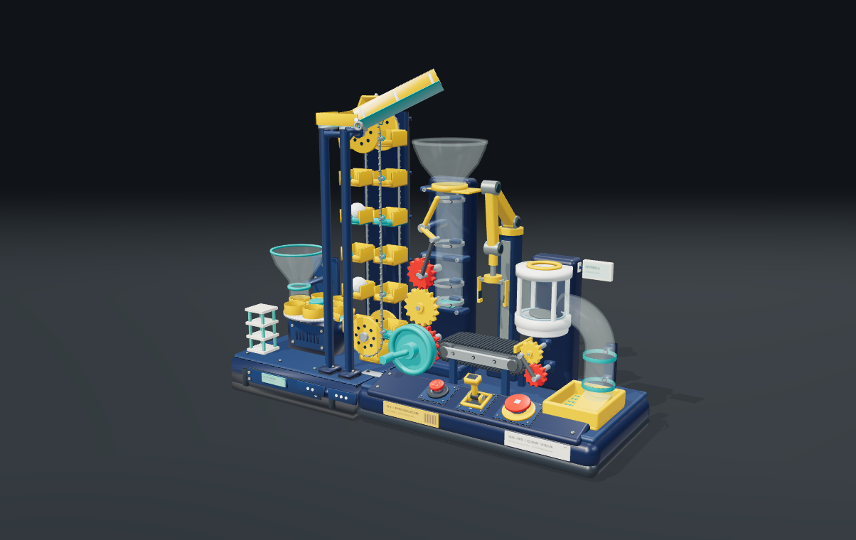 Blue and yellow toy machine with gears, a lift and a robotic arm