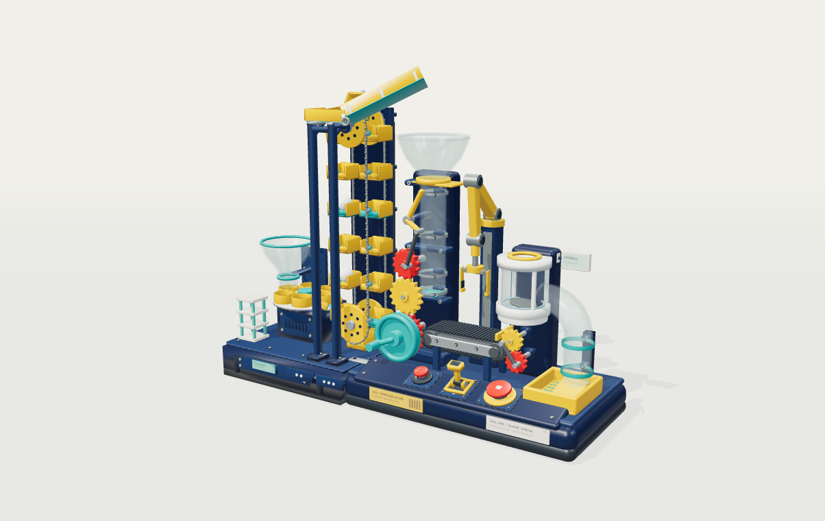 Blue and yellow toy machine with gears, a lift and a robotic arm
